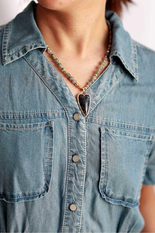 Natural Stone Pendant Beaded Necklace - Trendsi