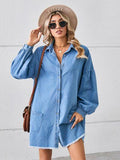 Button Up Pocketed Raw Hem Denim Dress - Trendsi