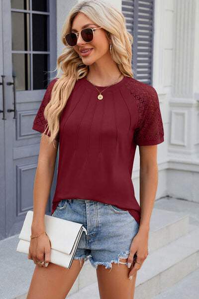 Openwork Round Neck Short Sleeve T-Shirt - Trendsi - Flyclothing LLC