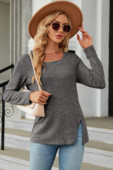 Slit Decorative Button Square Neck T-Shirt - Trendsi - Flyclothing LLC