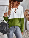 Contrast Crisscross V-Neck Long Sleeve Top - Trendsi - Flyclothing LLC