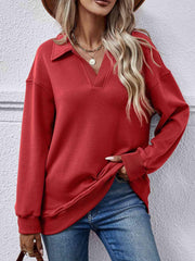 Collared Neck Dropped Shoulder Sweatshirt - Trendsi