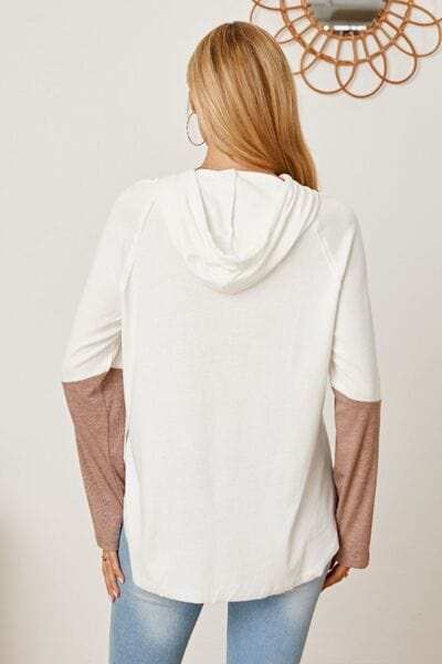 Color Block Drawstring Half Button Hoodie - Trendsi - Flyclothing LLC