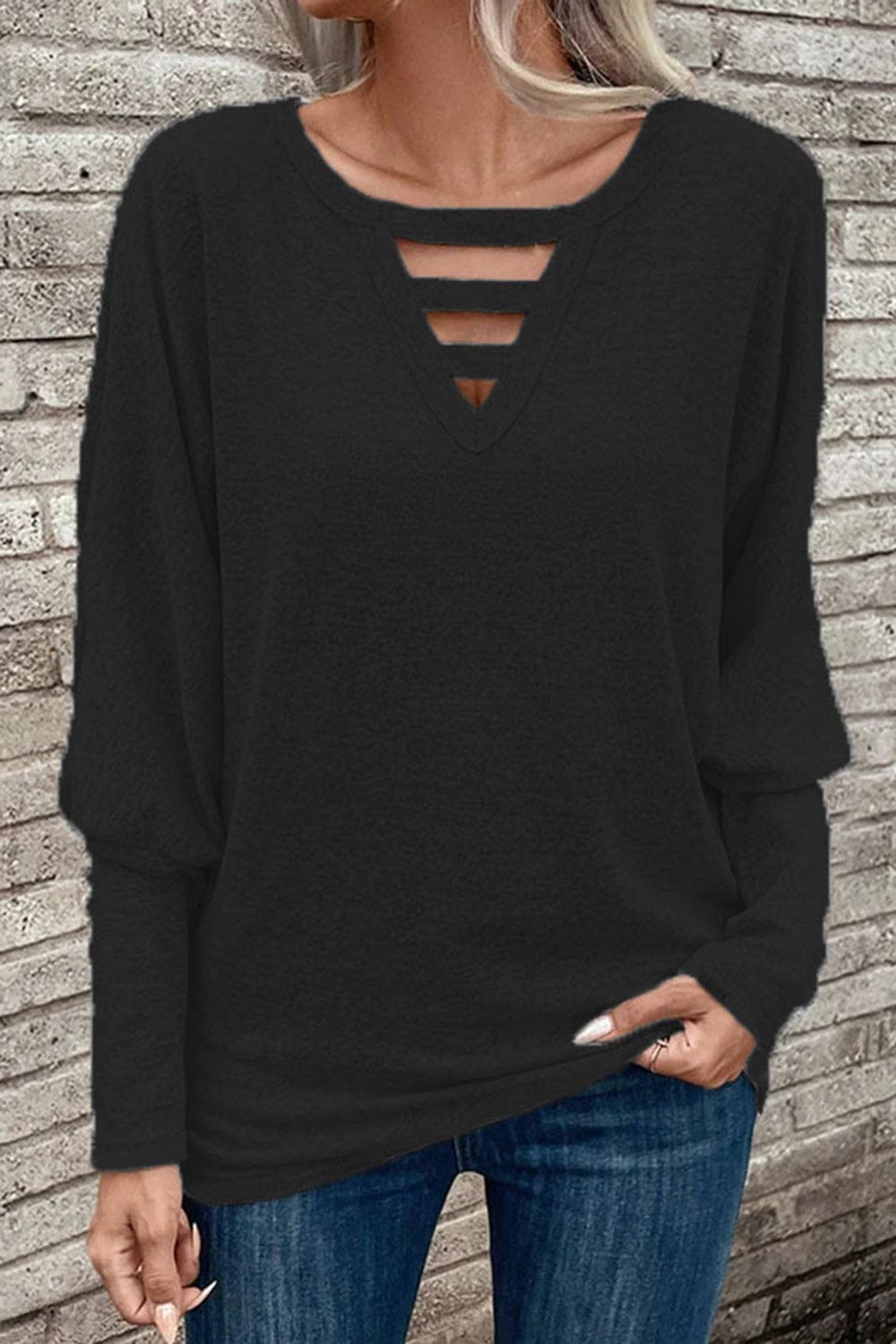 Cutout Round Neck Long Sleeve T-Shirt - Trendsi