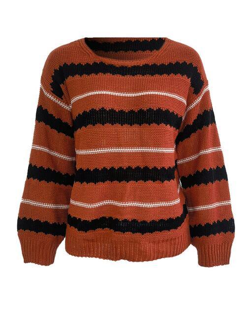 Striped Round Neck Long Sleeve Sweater - Flyclothing LLC