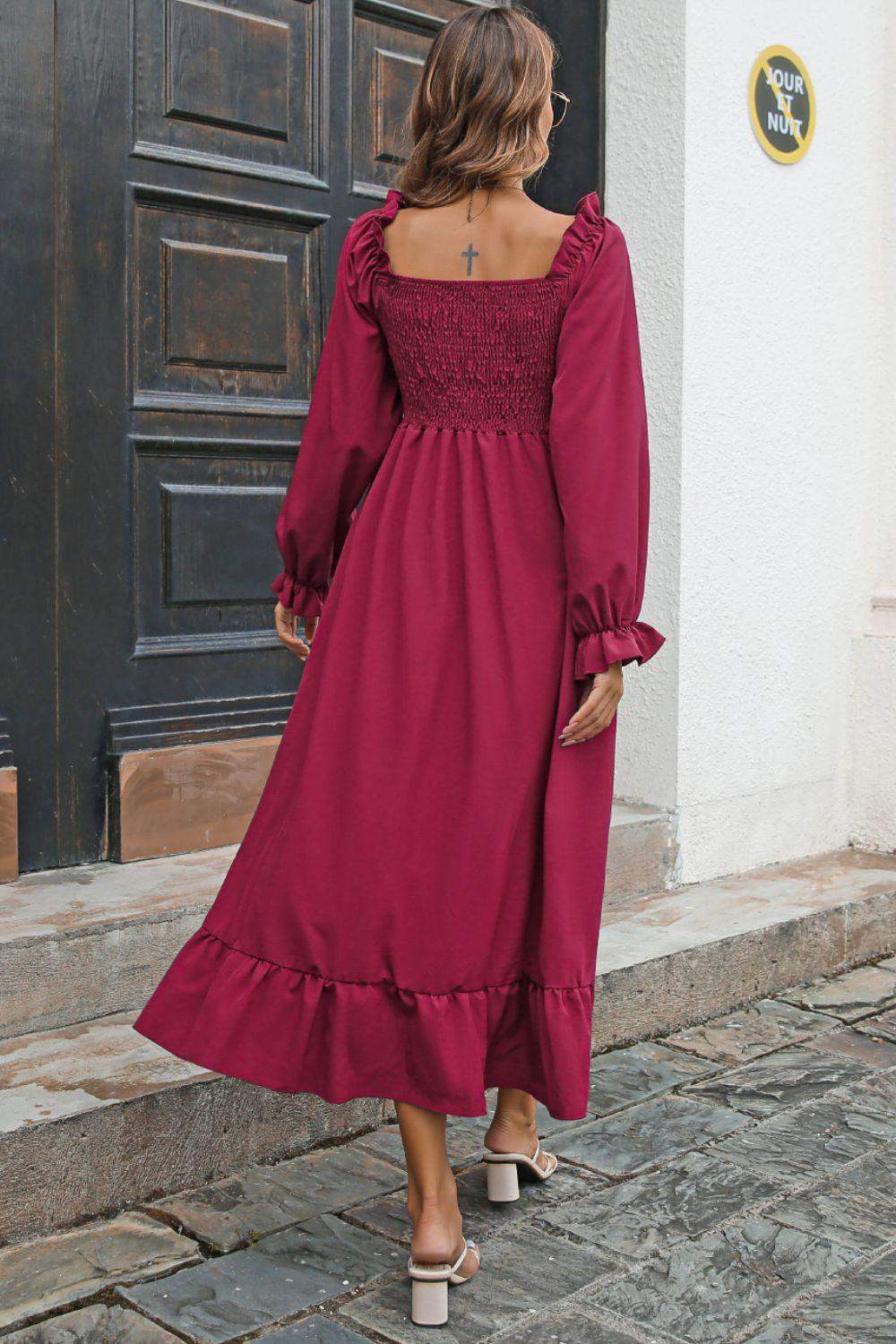 Smocked Ruffle Hem Flounce Sleeve Dress - Trendsi - Flyclothing LLC