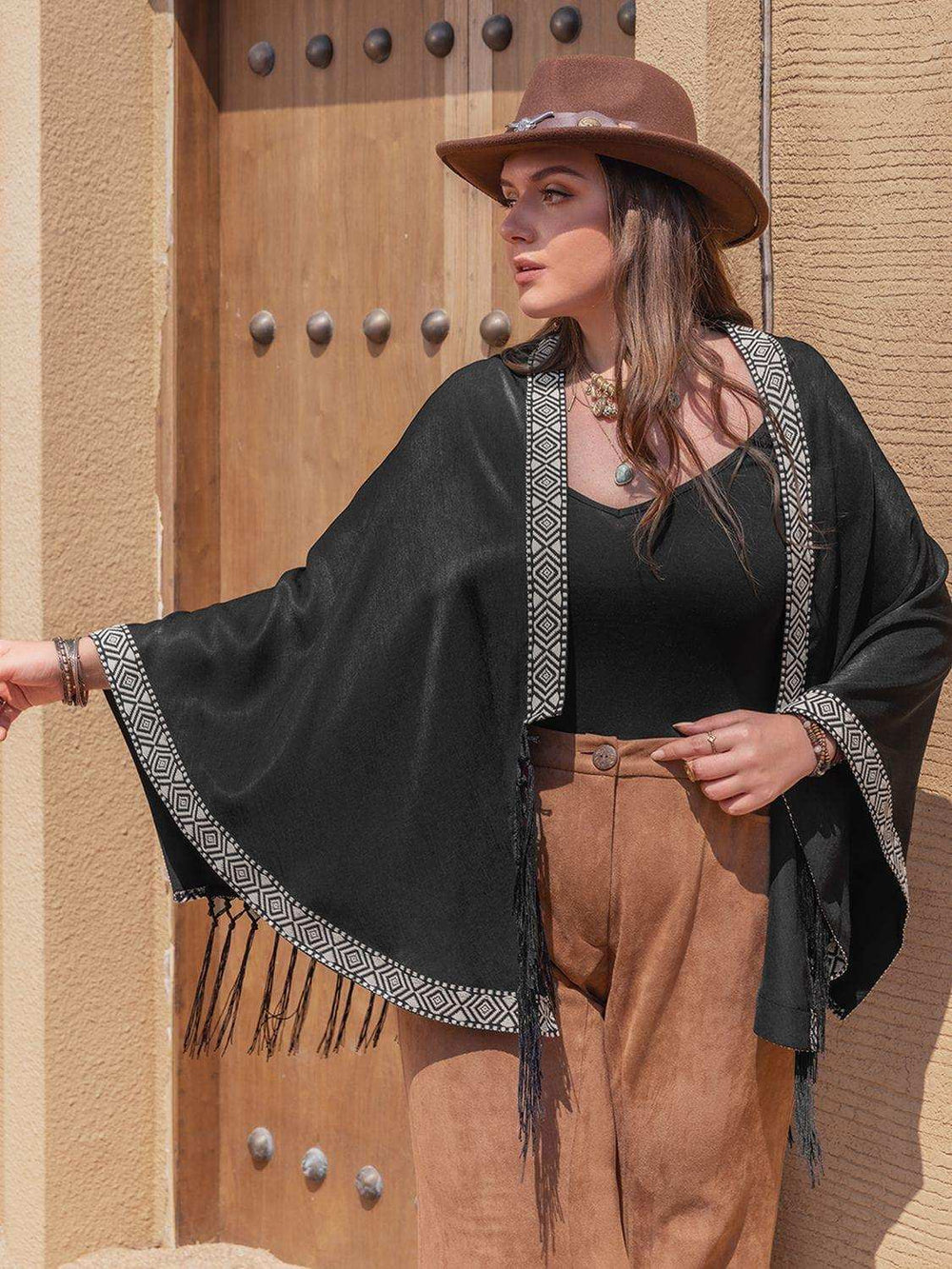 Plus Size Geometric Open Front Fringe Hem Cardigan - Trendsi - Flyclothing LLC