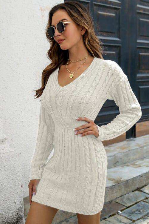 Cable-Knit V-Neck Long Sleeve Mini Sweater Dress - Trendsi - Flyclothing LLC