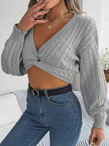 Twisted Cable-Knit V-Neck Sweater - Trendsi - Flyclothing LLC