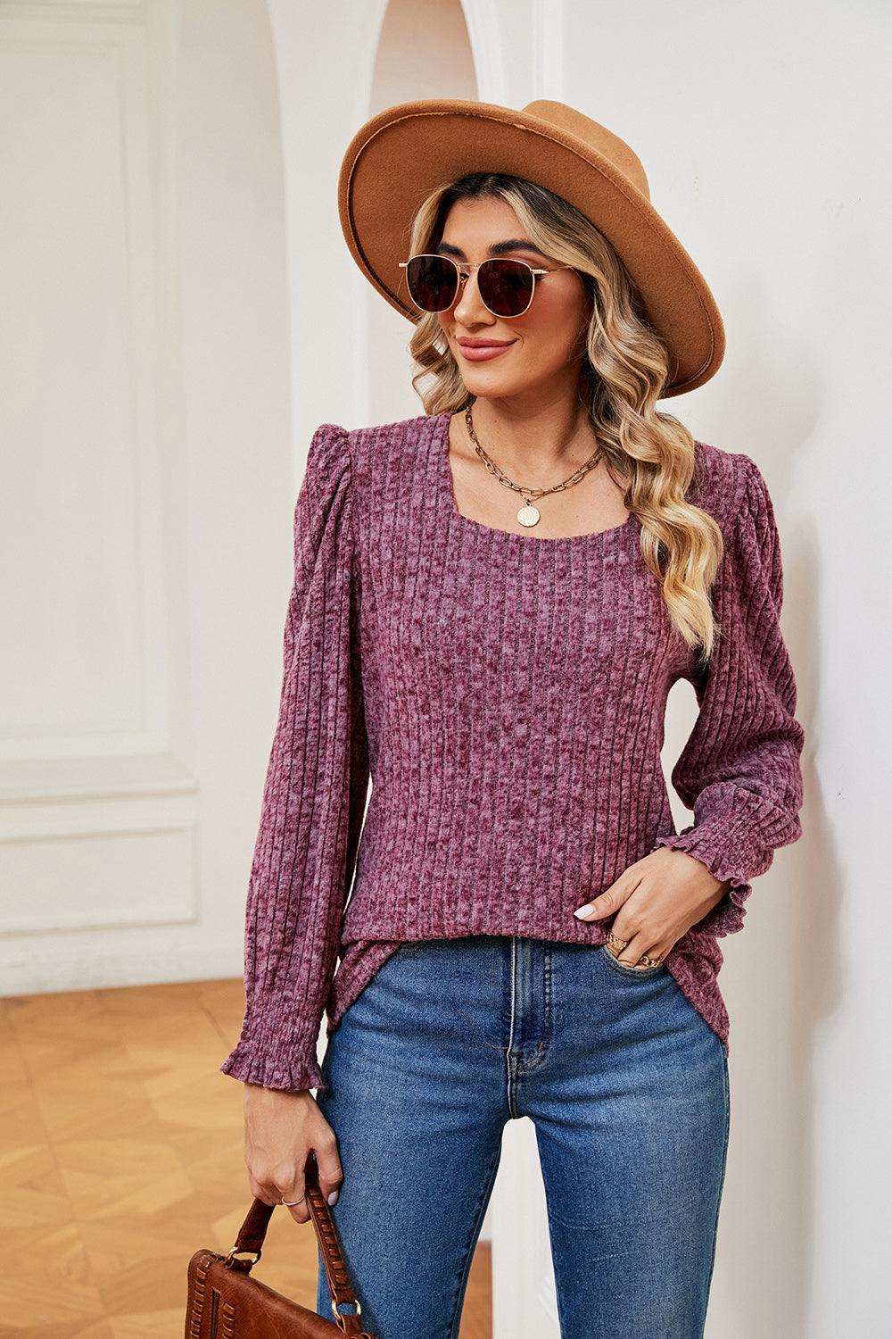 Square Neck Puff Sleeve Top - Trendsi - Flyclothing LLC