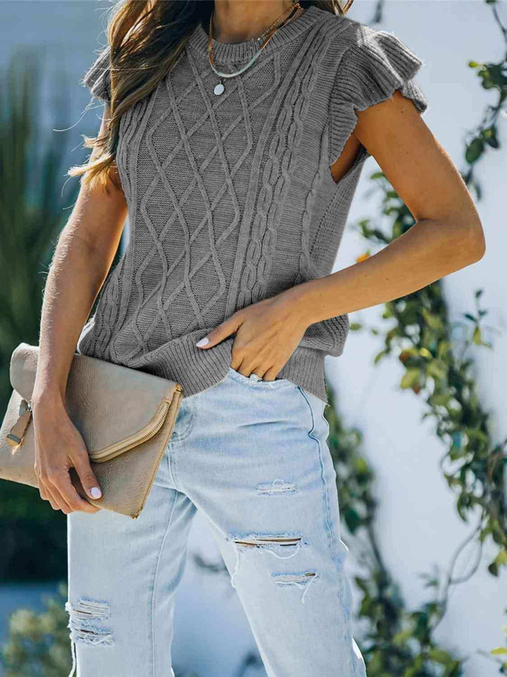 Round Neck Cap Sleeve Sweater - Trendsi - Flyclothing LLC