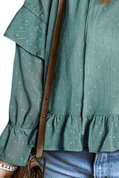 Swiss Dot Tie Neck Flounce Sleeve Blouse - Trendsi - Flyclothing LLC