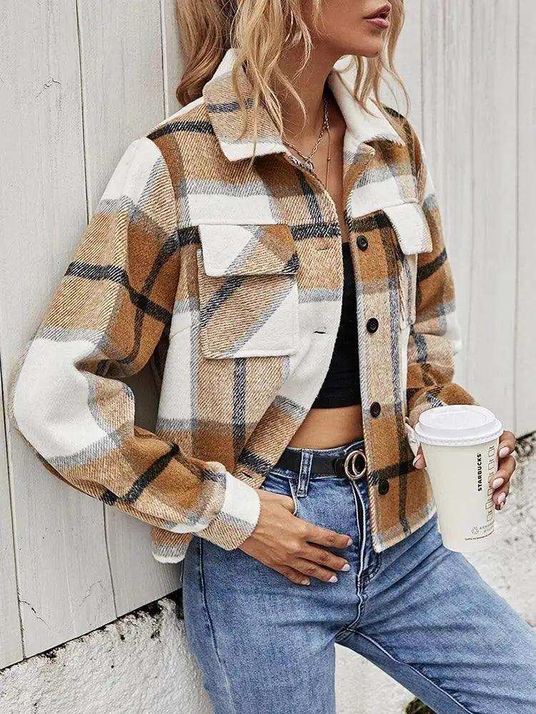 Plaid Collared Neck Jacket with Breast Pockets - Trendsi - Flyclothing LLC