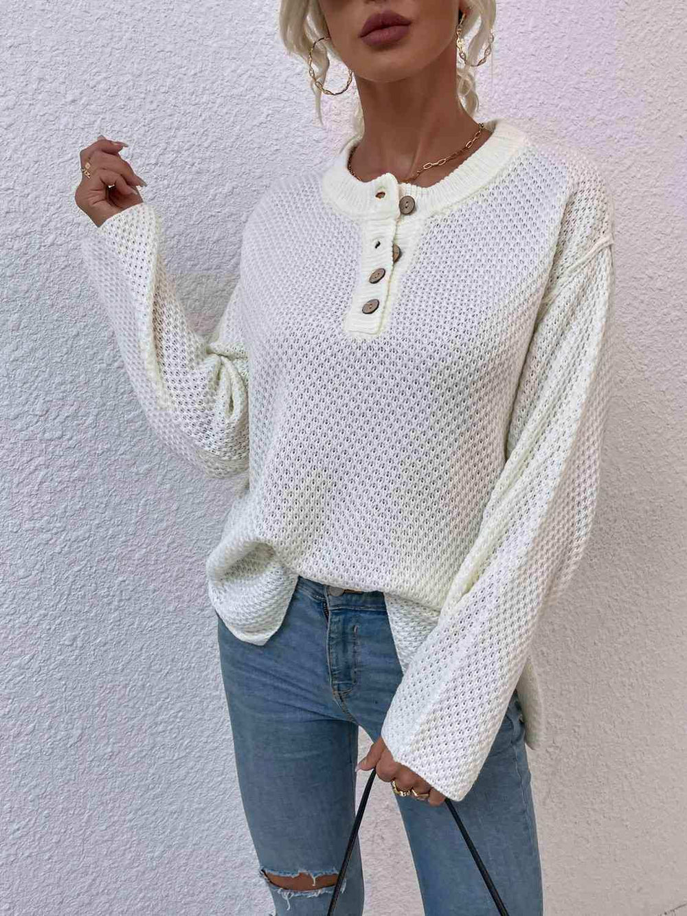 Quarter-Button Slit Sweater - Trendsi - Flyclothing LLC