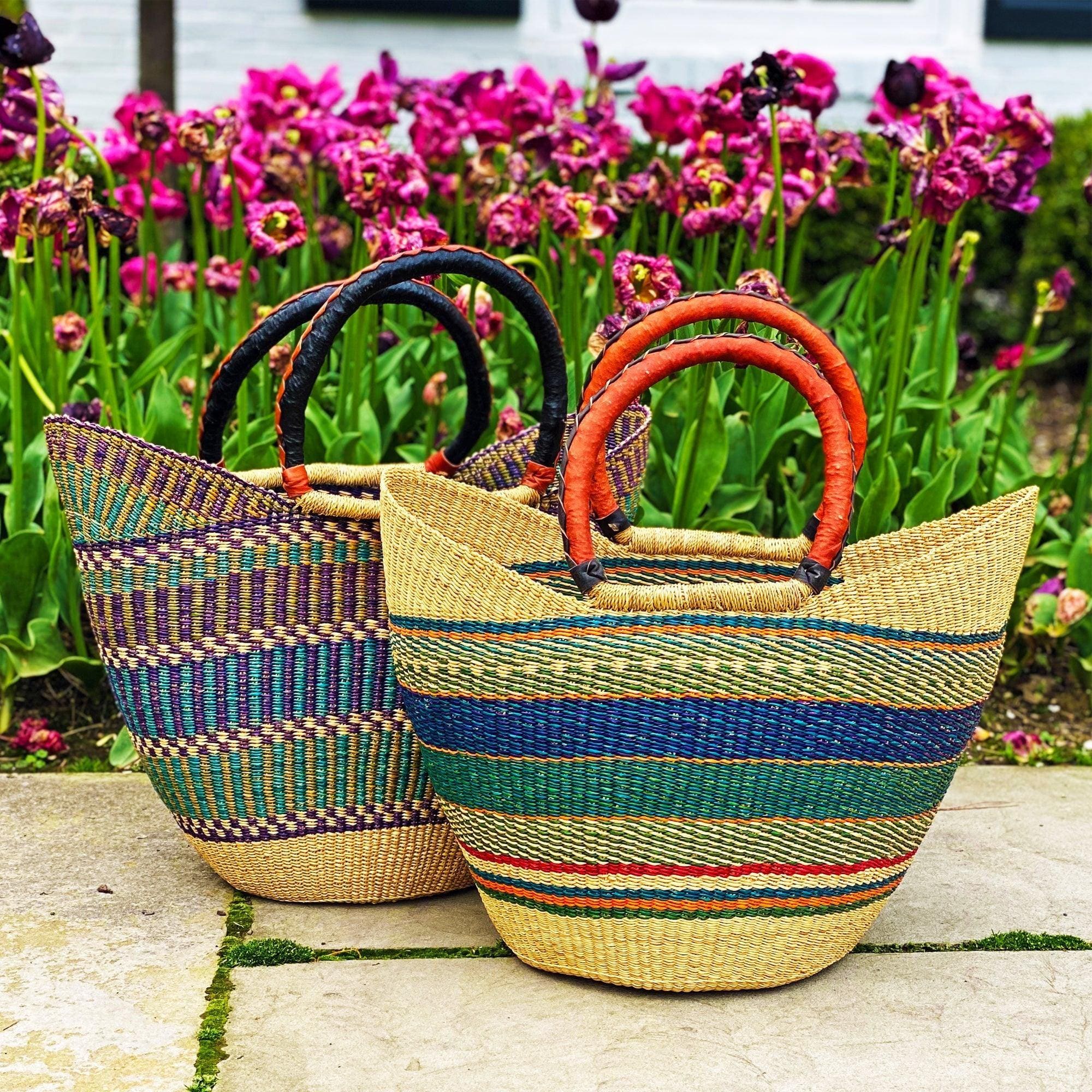 Bolga Tote, Mixed Colors with Leather Handle - 18-inch - Gitzell