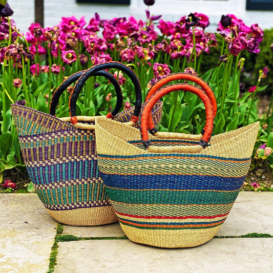 Bolga Tote, Mixed Colors with Leather Handle - 18-inch - Gitzell