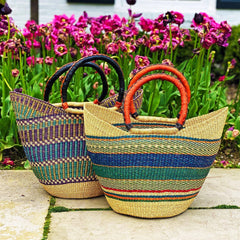 Bolga Tote, Mixed Colors with Leather Handle - 18-inch - Gitzell