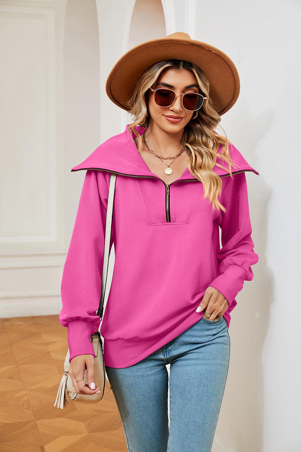 Half-Zip Collared Sweatshirt - Trendsi