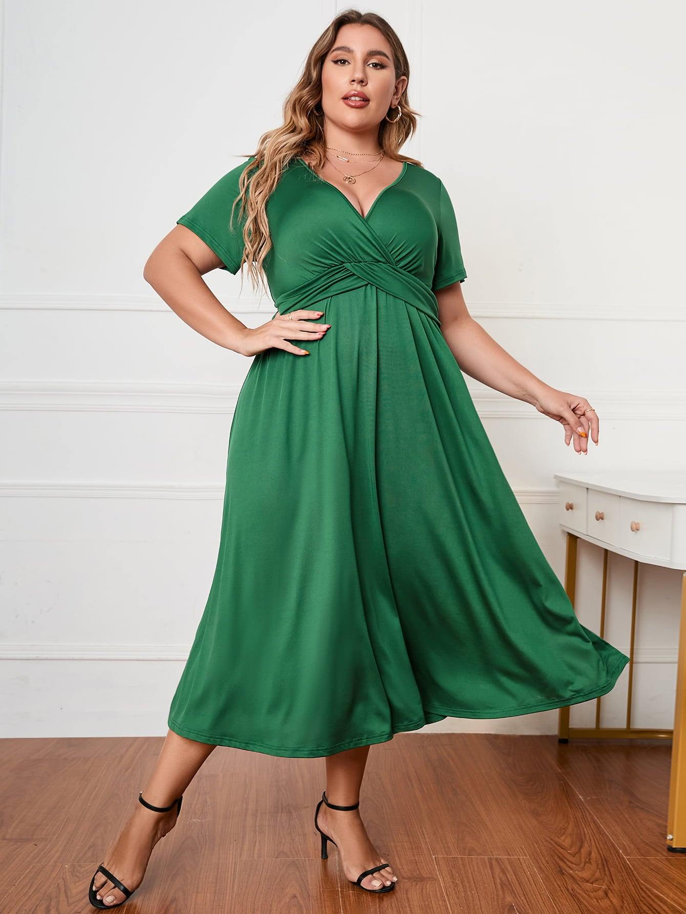 Plus Size Short Sleeve Surplice Neck Midi Dress - Trendsi