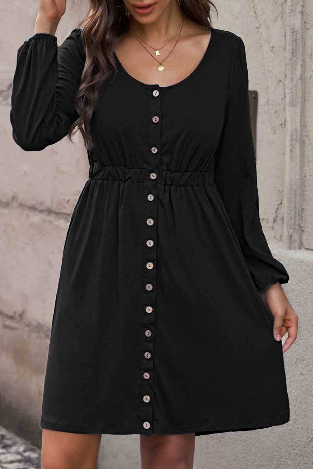 Scoop Neck Empire Waist Long Sleeve Mini Dress - Trendsi - Flyclothing LLC