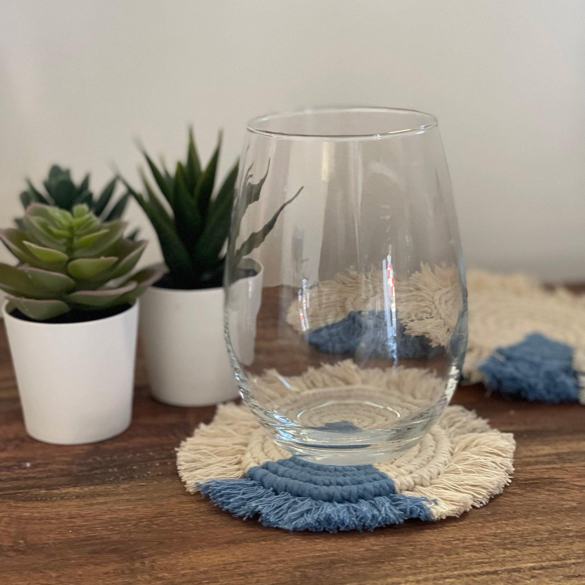 Macrame Coasters in Blues with fringe, Set of 4 - Flyclothing LLC