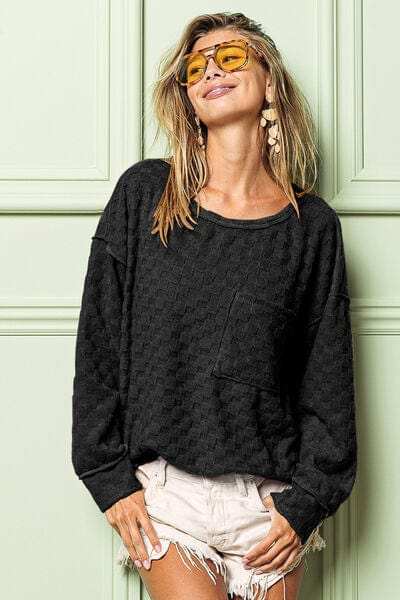 BiBi Checkered Round Neck Exposed Seam Top - Trendsi - Flyclothing LLC