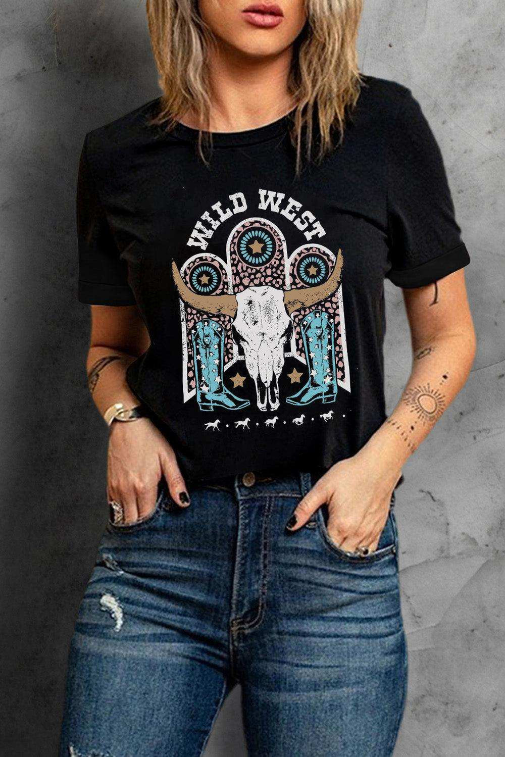 WILD WEST Graphic Short Sleeve Tee Shirt - Trendsi - Flyclothing LLC