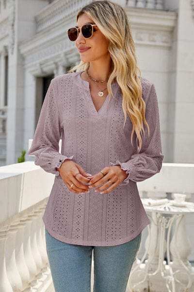 Eyelet Notched Lantern Sleeve T-Shirt - Trendsi - Flyclothing LLC