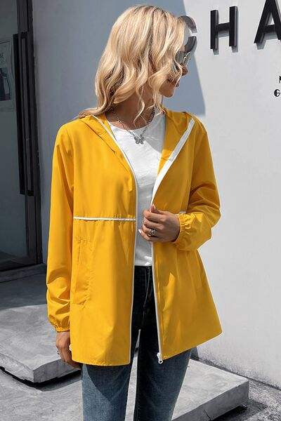 Zip Up Long Sleeve Hooded Watertight Jacket - Trendsi - Flyclothing LLC