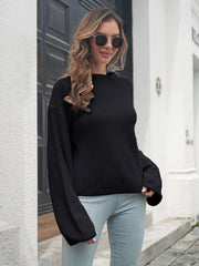 Round Neck Dropped Shoulder Sweater - Trendsi