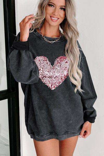 Heart Sequin Round Neck Sweatshirt - Trendsi - Flyclothing LLC