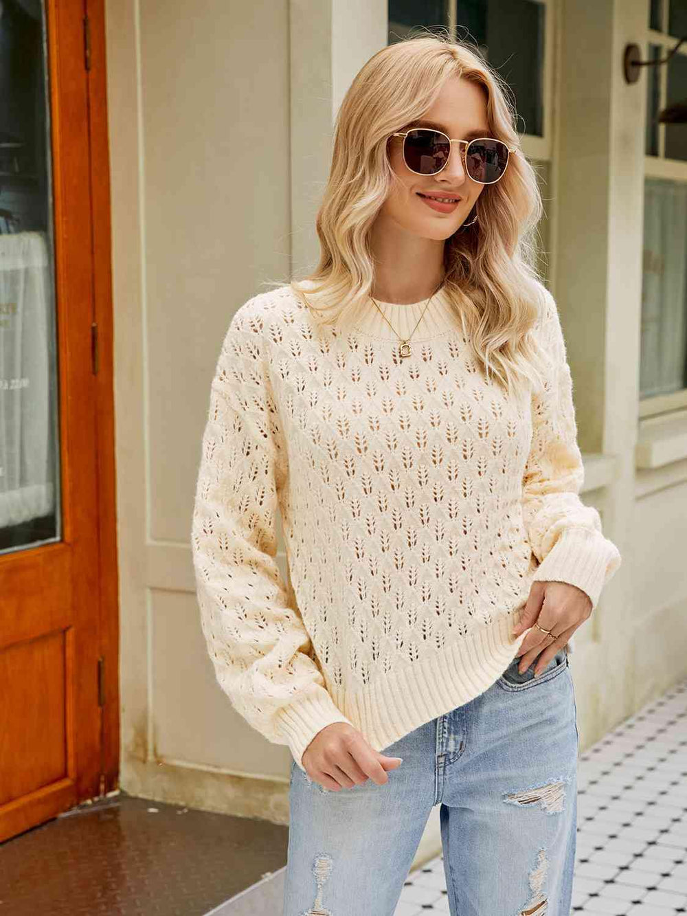 Openwork Round Neck Sweater - Trendsi