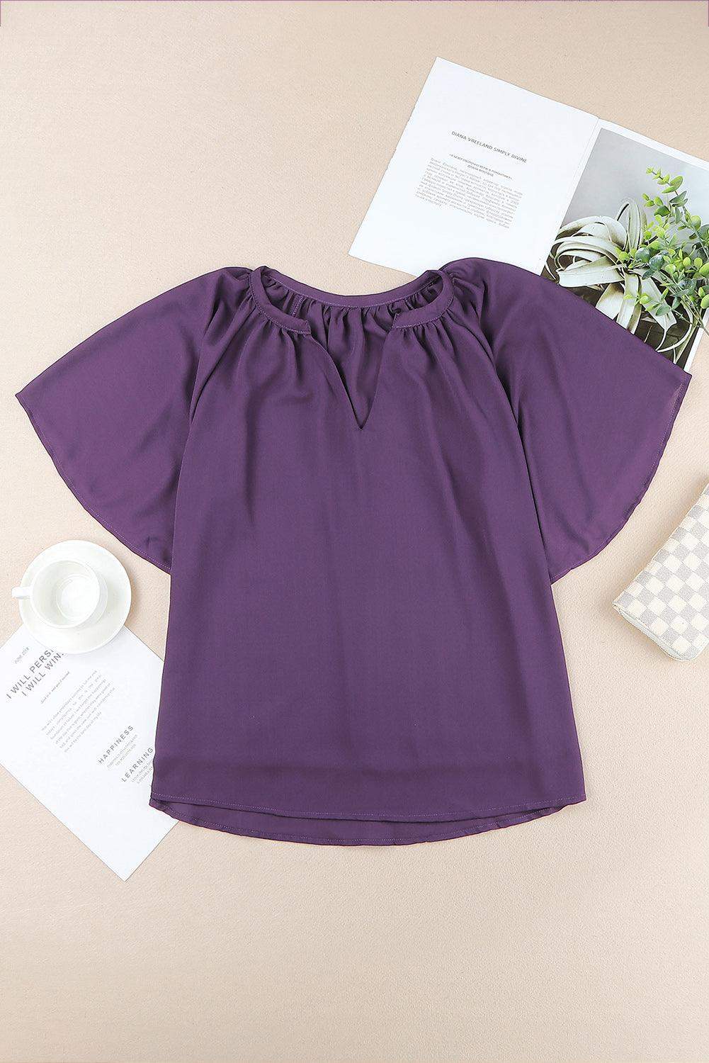 Gathered Detail Notched Neck Flutter Sleeve Top - Trendsi - Flyclothing LLC