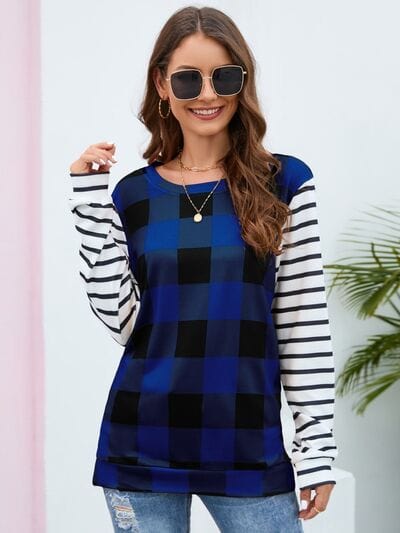 Plaid Striped Round Neck Long Sleeve T-Shirt - Trendsi