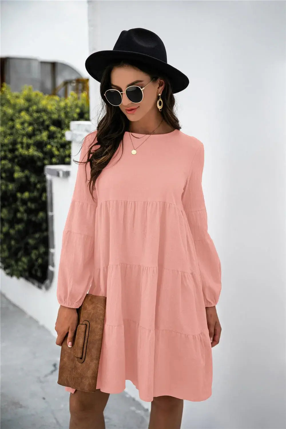 Balloon Sleeve Keyhole Tiered Dress - Trendsi - Flyclothing LLC