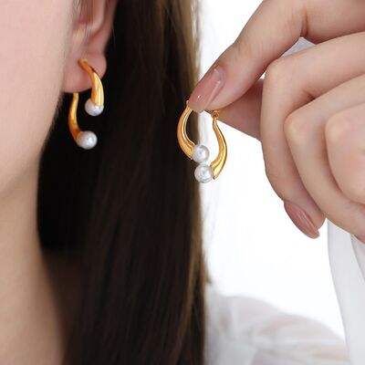 Synthetic Pearl Asymmetrical Titanium Steel Earrings - Trendsi - Flyclothing LLC