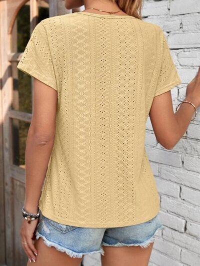 Eyelet V-Neck Short Sleeve T-Shirt - Trendsi