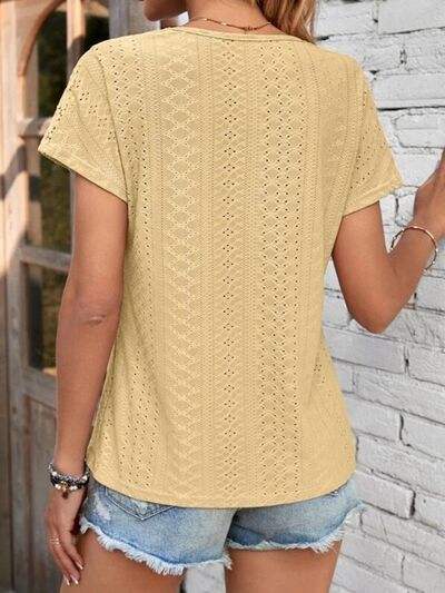 Eyelet V-Neck Short Sleeve T-Shirt - Trendsi - Flyclothing LLC