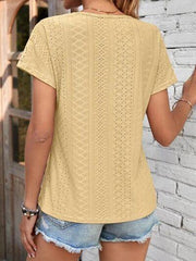 Eyelet V-Neck Short Sleeve T-Shirt - Trendsi