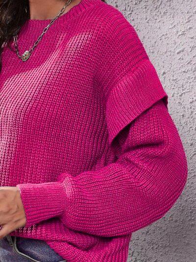 Ruffled Round Neck Dropped Shoulder Sweater - Trendsi