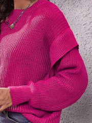 Ruffled Round Neck Dropped Shoulder Sweater - Trendsi