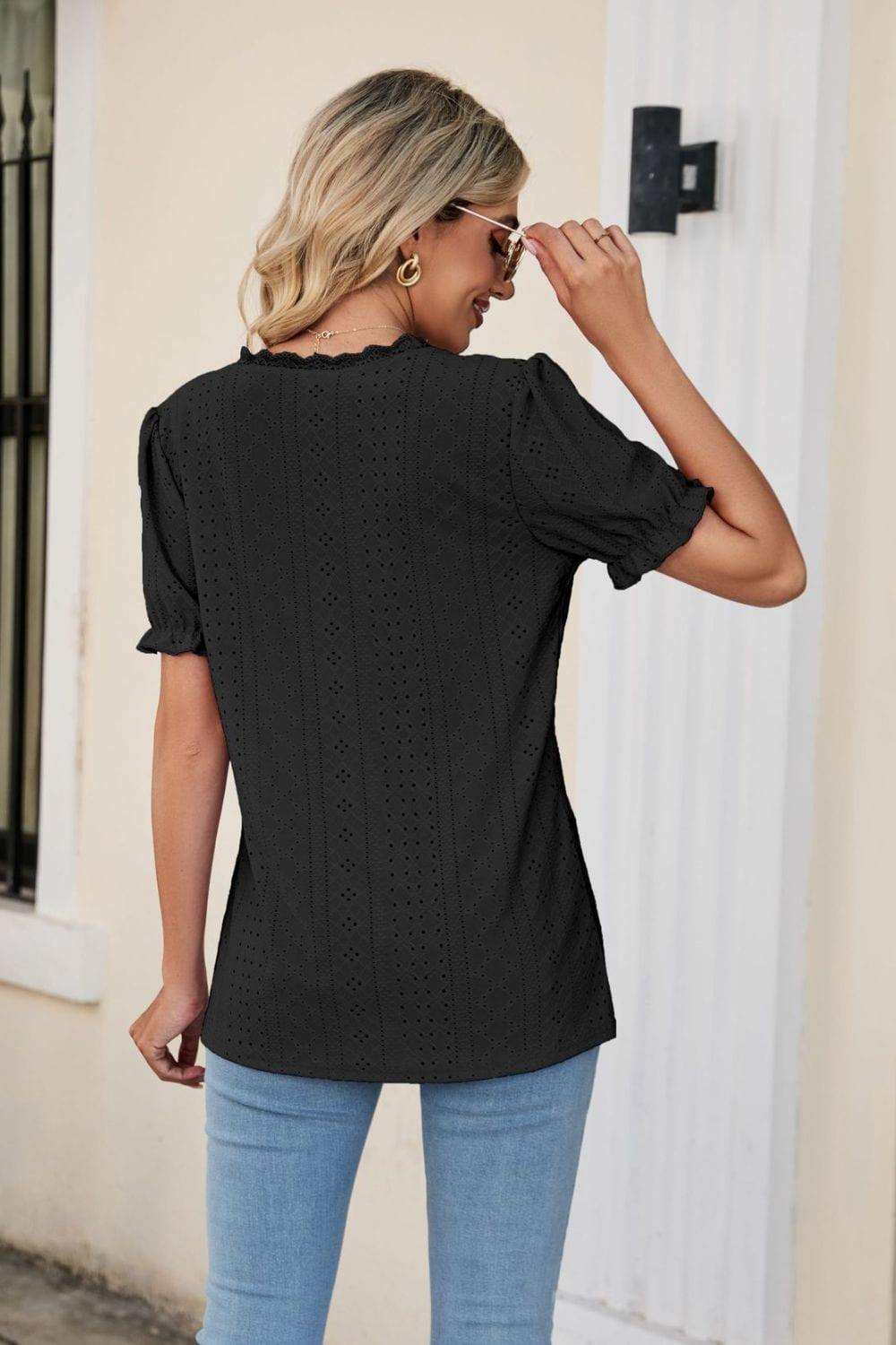 Eyelet Flounce Sleeve Scalloped V-Neck Top - Trendsi - Flyclothing LLC