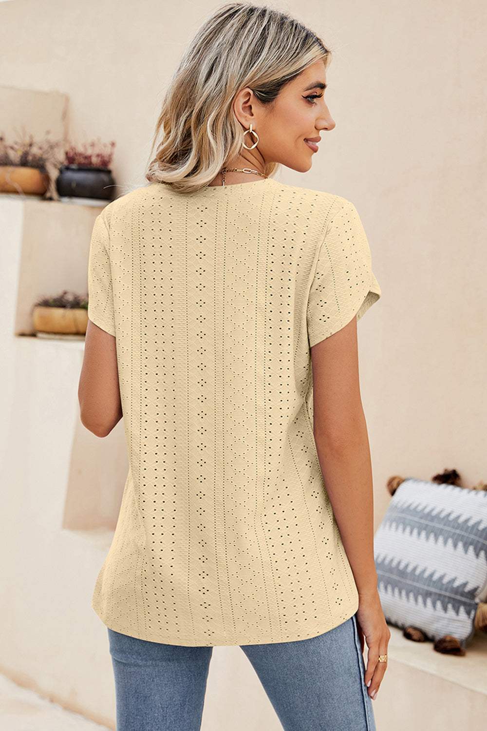 Eyelet V-Neck Petal Sleeve T-Shirt - Trendsi - Flyclothing LLC