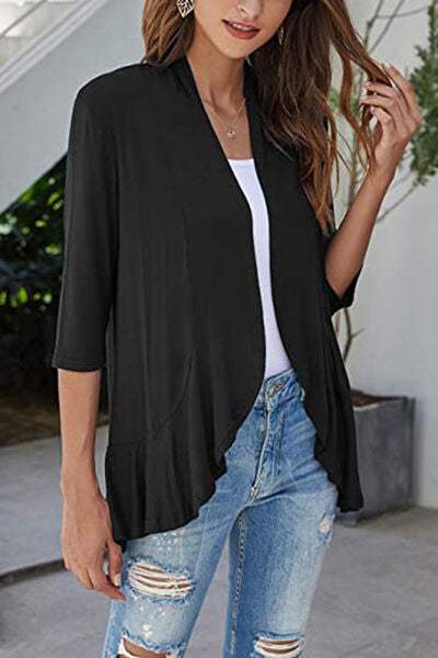 Open Front Three-Quarter Sleeve Cardigan - Trendsi - Flyclothing LLC