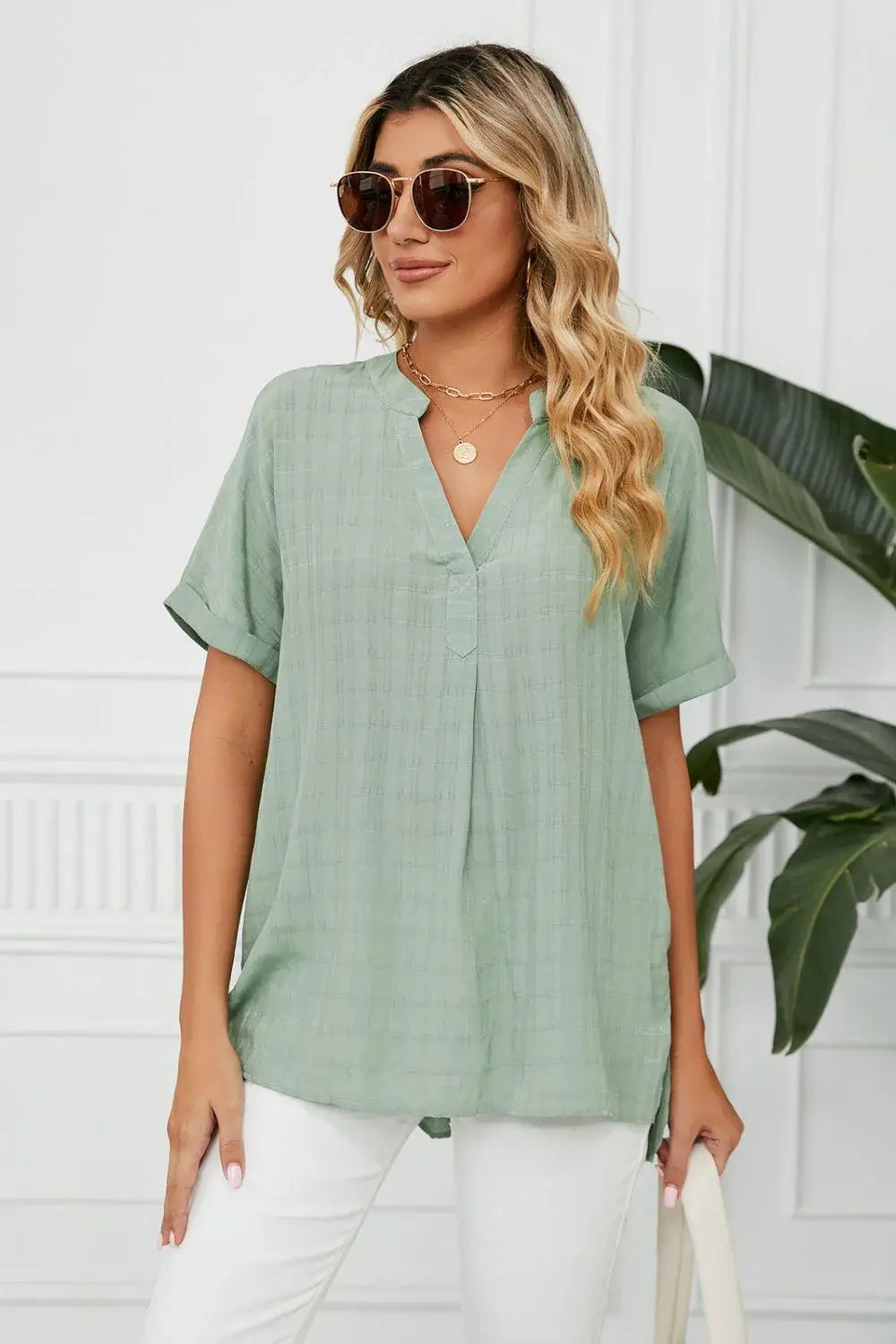 Side Slit Notched Neck Cuffed Short Sleeve Blouse - Trendsi - Flyclothing LLC