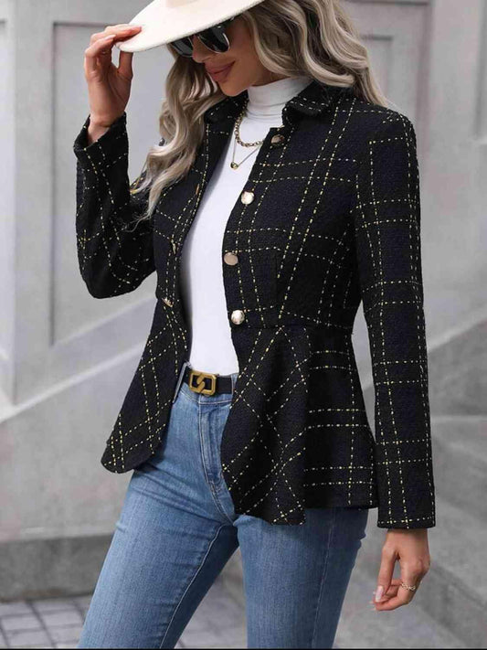 Ruffle Hem Collared Blazer - Trendsi