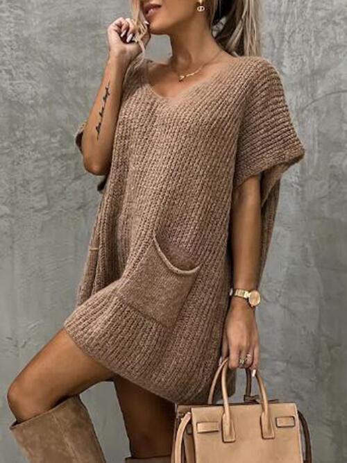 V-Neck Short Sleeve Sweater with Pockets - Flyclothing LLC
