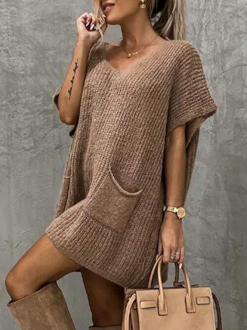 V-Neck Short Sleeve Sweater with Pockets - Trendsi - Flyclothing LLC
