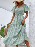 Ditsy Floral V-Neck Tiered Dress - Trendsi