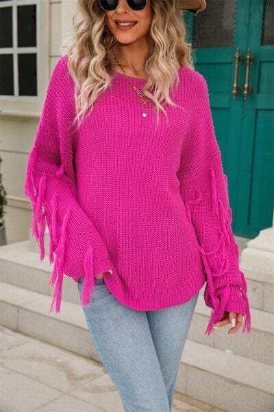 Fringe Round Neck Dropped Shoulder Sweater - Trendsi - Flyclothing LLC
